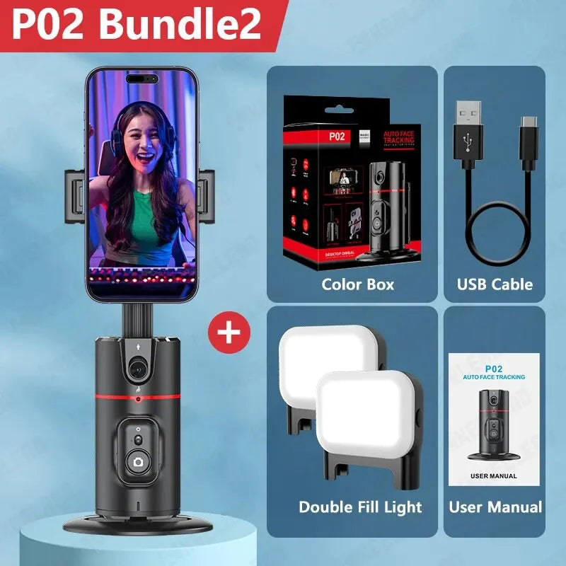 P02 Auto Face Tracking Stand 360° Rotation Phone Holder Desktop Following Gimbal Stabilizer for Smartphone Live Vlogging Video