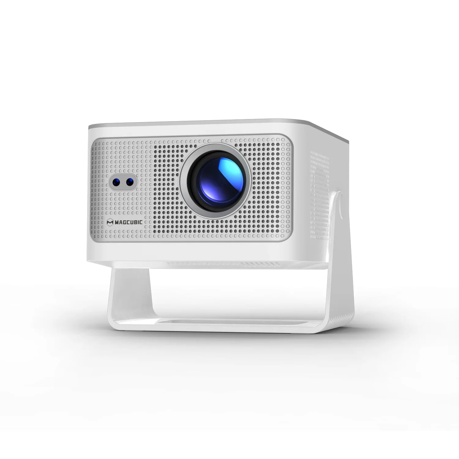 White projector with blue lens on a white background